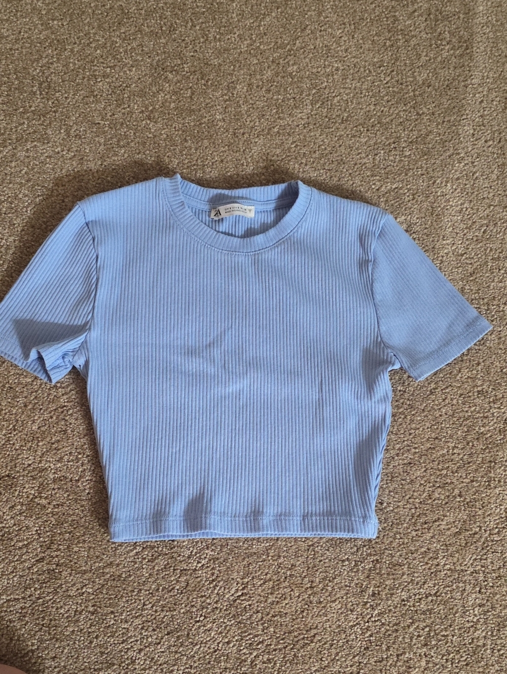 Zara Light Blue Ribbed Short Sleeve Crop Top